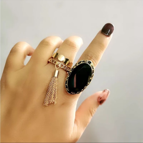 New Yellow Gold Plated Vintage Big Black Oval Stone For Women Ring - Picture 5 of 6